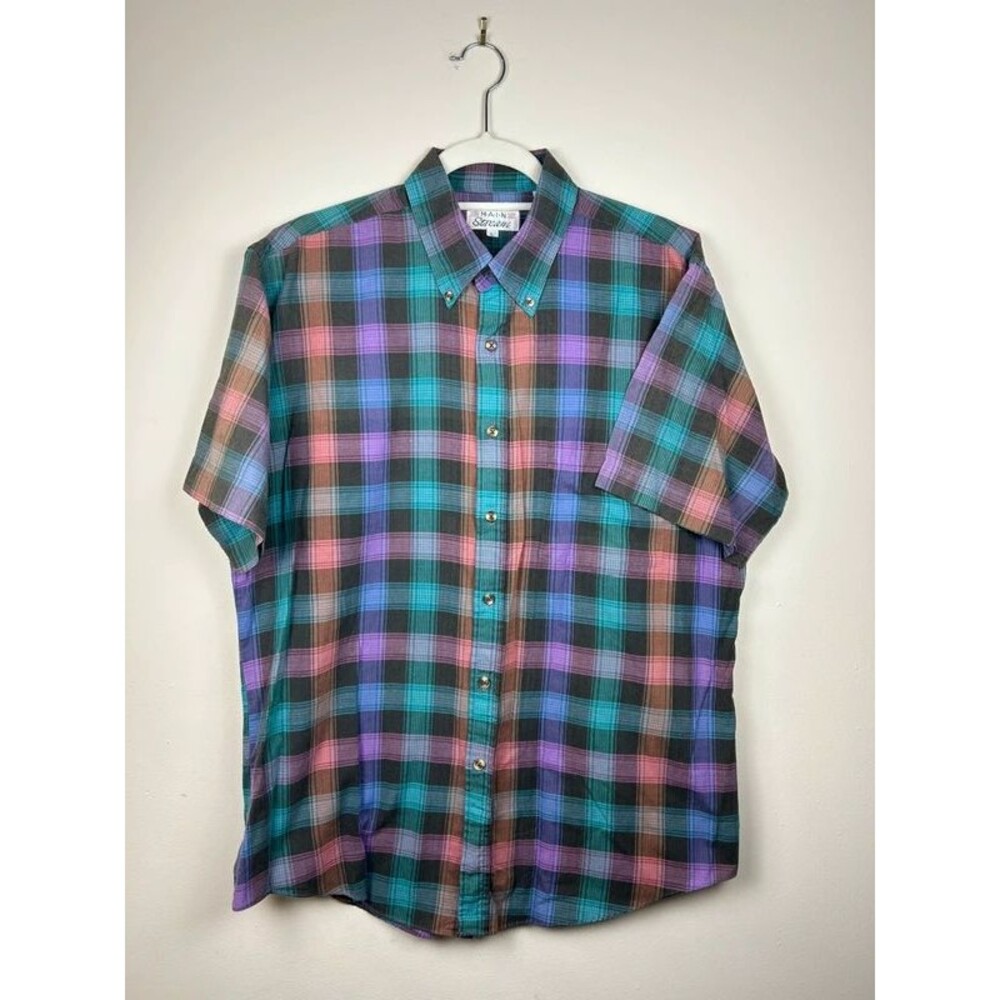 Vintage Maine Stream Plaid Button Down Shirt Men’s Large Green Purple Orange